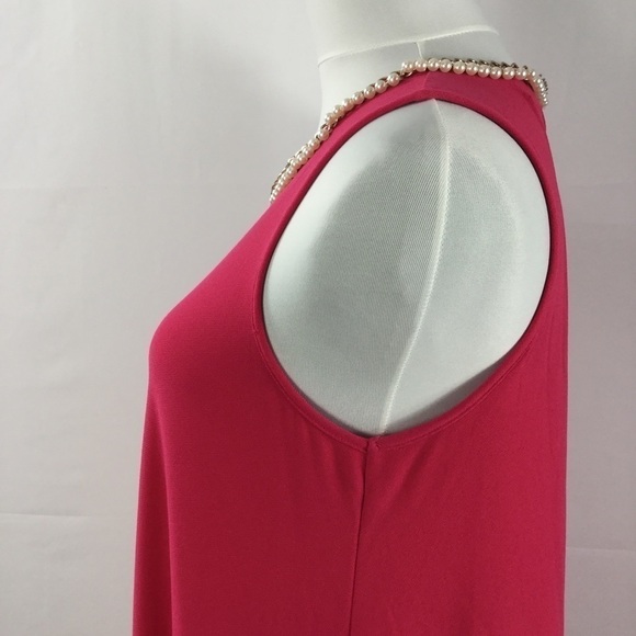 KARL Lagerfeld Pink Sleeveless Swing Trapeze Dress W/Faux Pearl & Chain Neckline - Picture 6 of 16